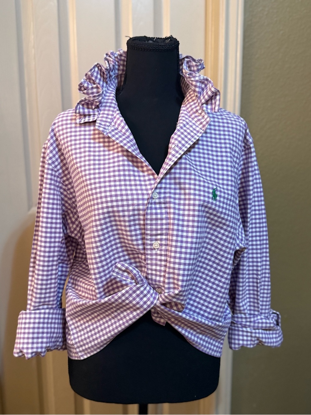 Upcycled Men’s Ralph Lauren Lavender and White Gingham Ruffle Collar Shirt